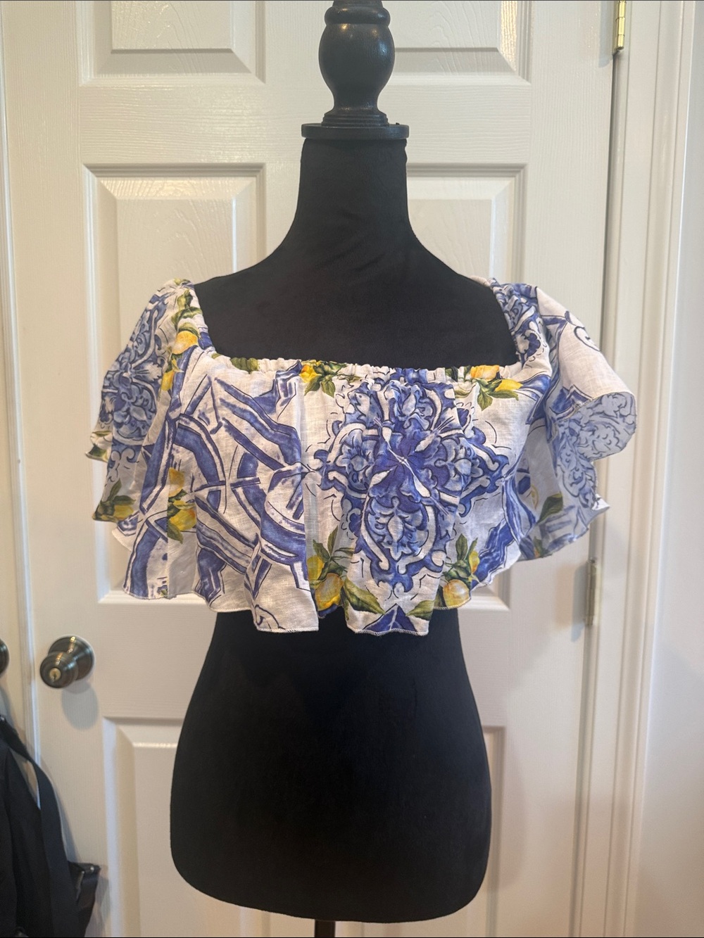 Off-Shoulder Blue & White Floral Ruffle Crop Top